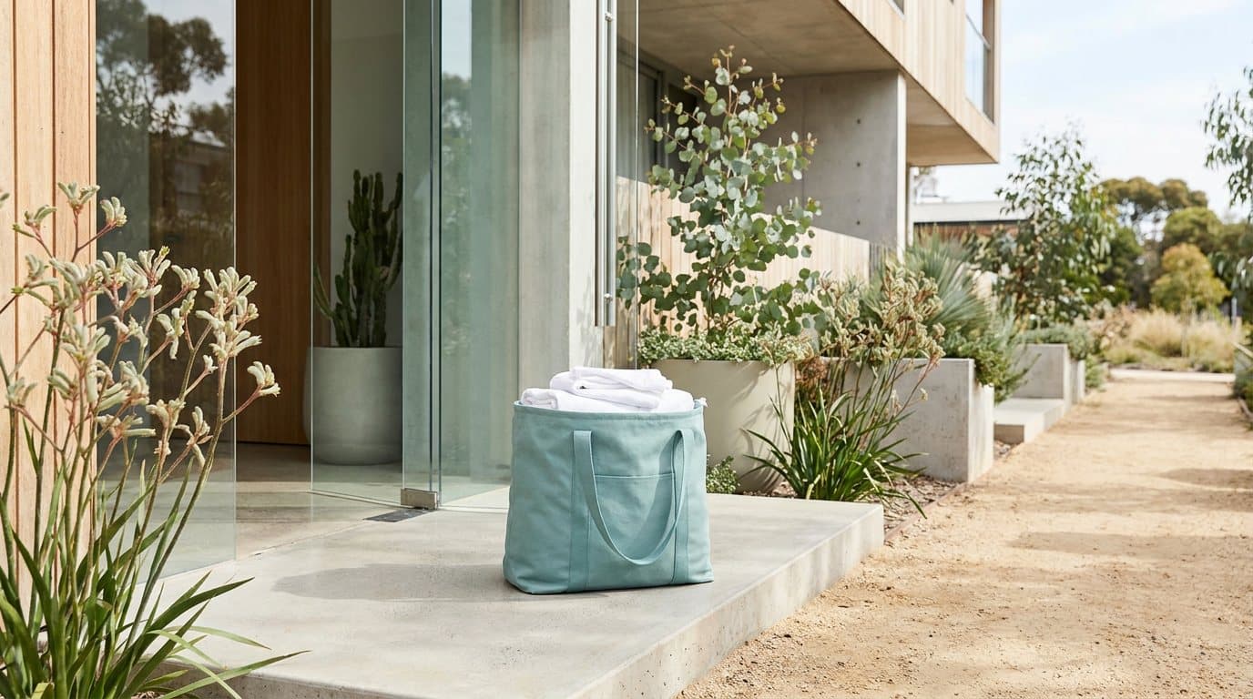 A teal laundry bag of folded white linen at the glass entrance door of a modern apartment building