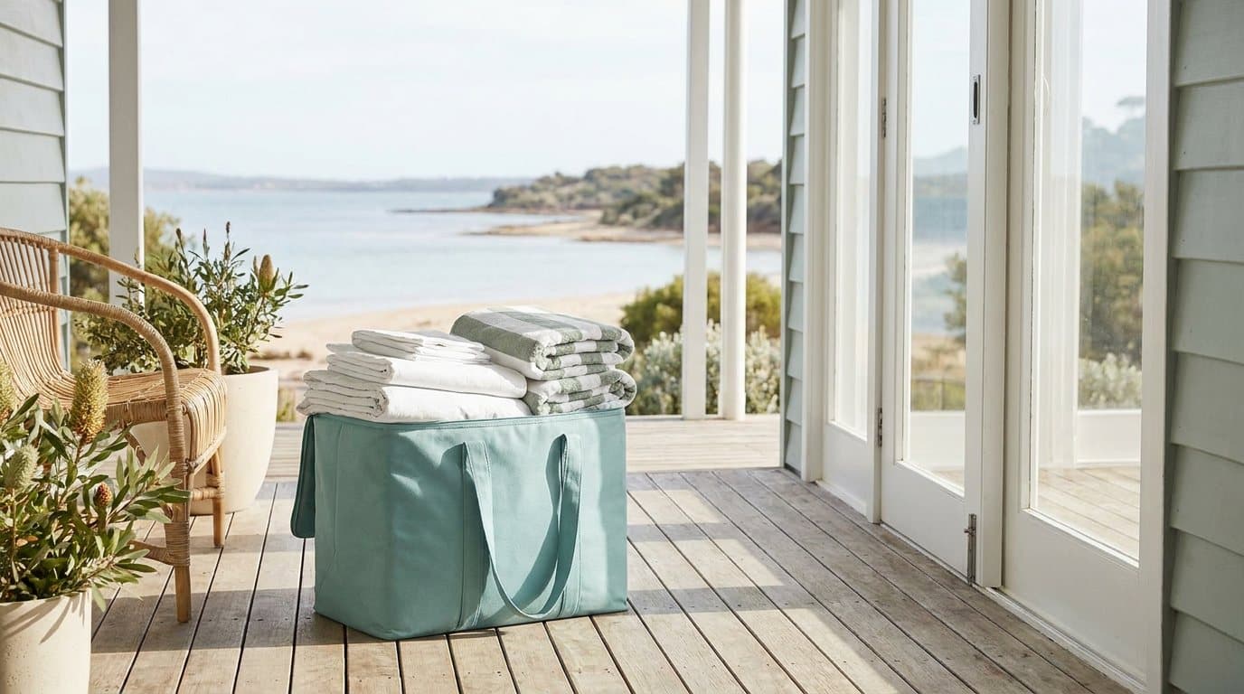 Folded white bedding and striped towels with a teal delivery bag on the verandah of a waterside home