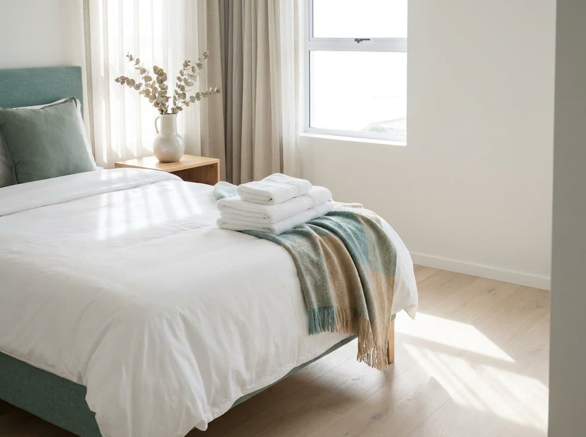 A guest bed made up with fresh white hotel linen, folded towels stacked at the foot