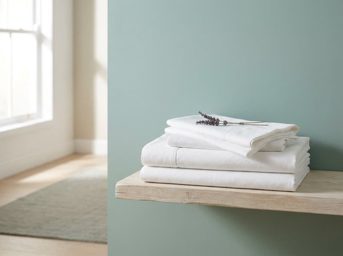 Crisp white bed sheets and pillowcases folded and stacked on a pale wooden shelf