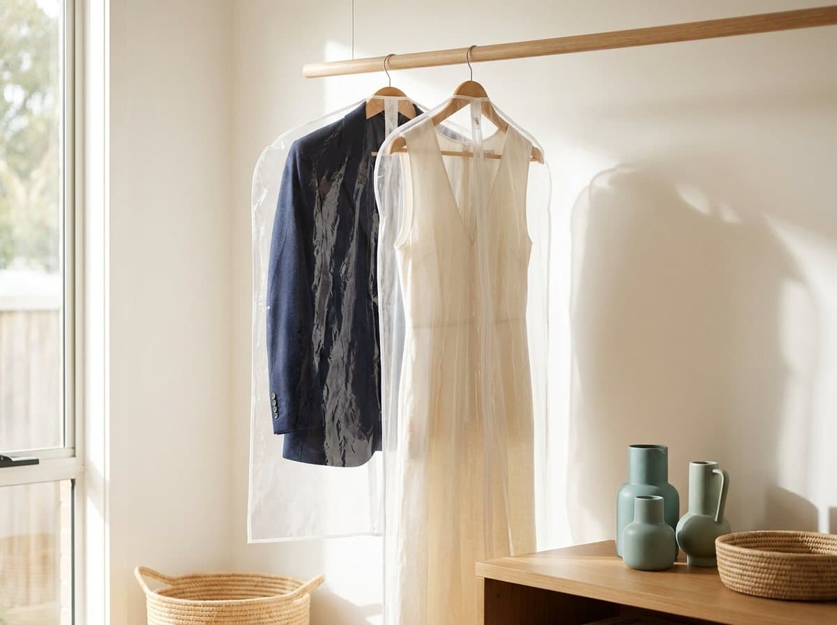 A navy blazer and cream dress on wooden hangers in clear garment covers after dry cleaning