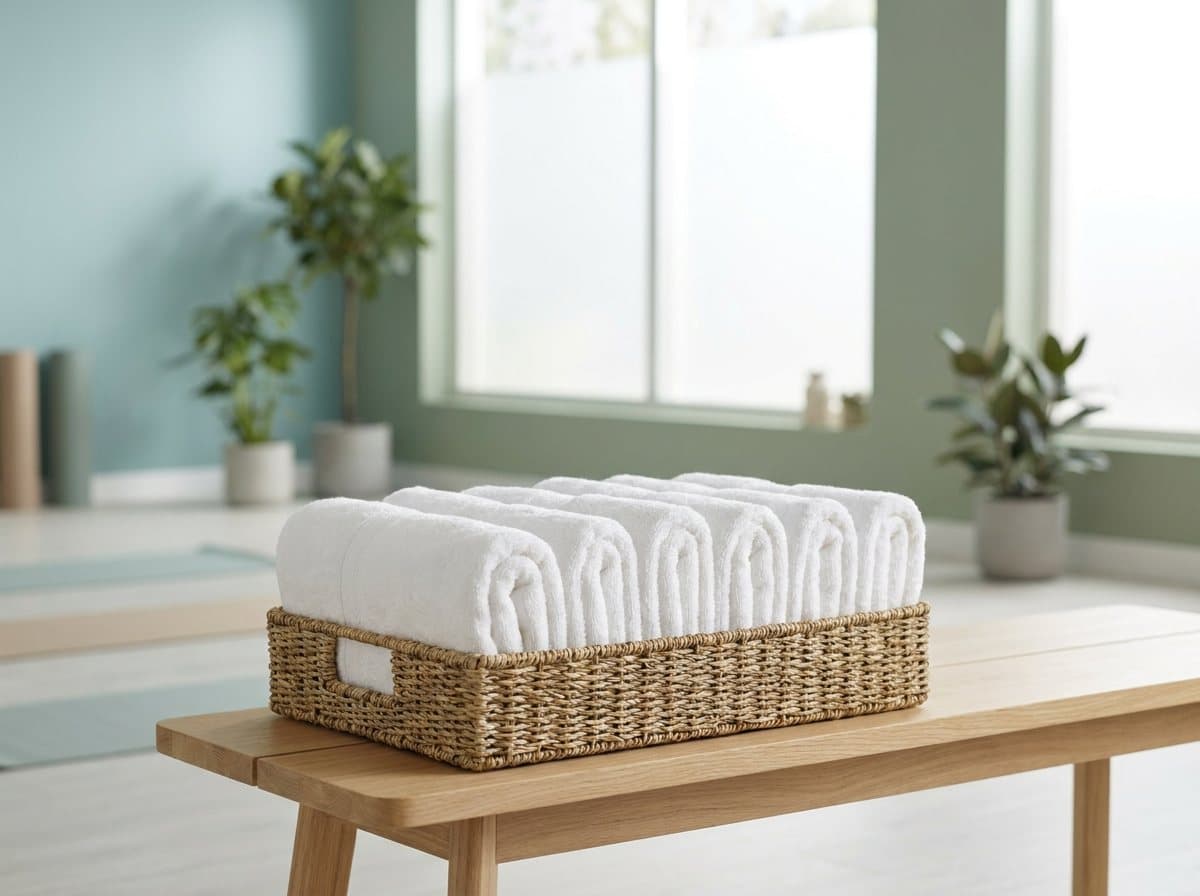 Folded white gym towels in a woven basket on a bench in a bright fitness studio