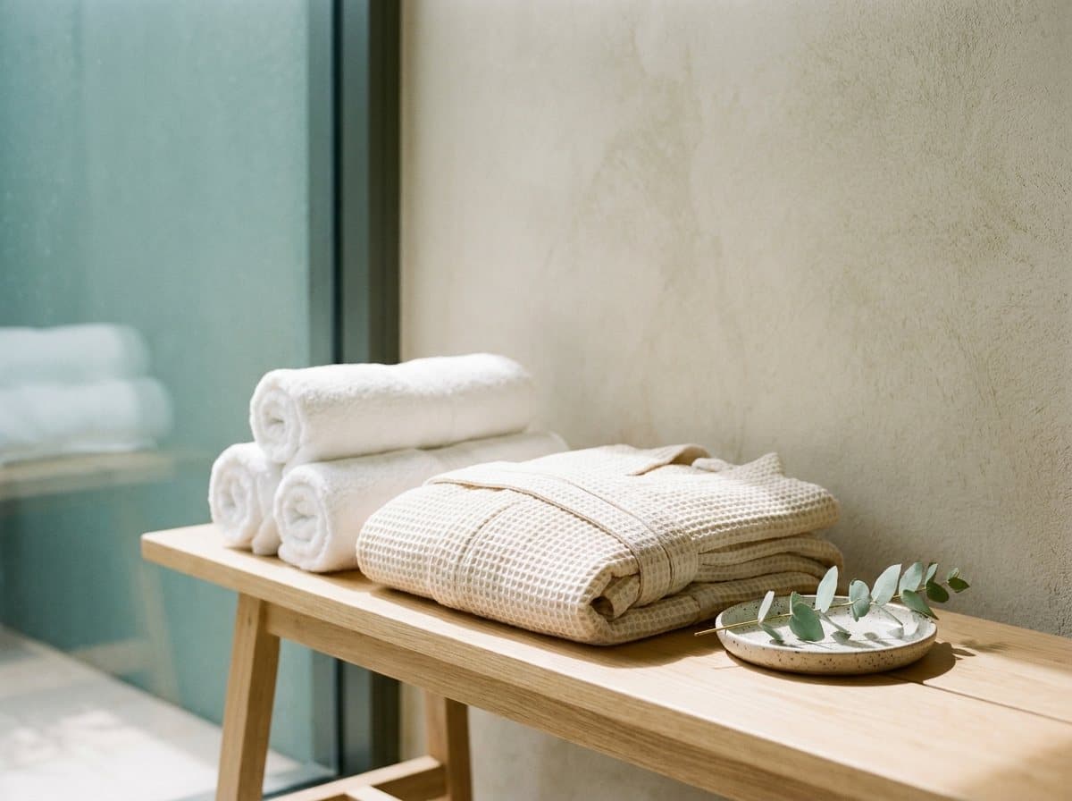 Rolled white spa towels and a folded waffle robe on a light timber bench