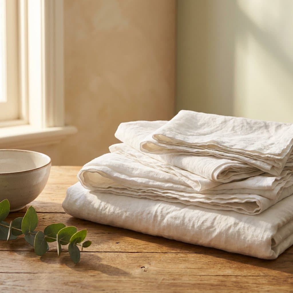 Close detail of clean white linen, showing soft folded layers and fabric texture