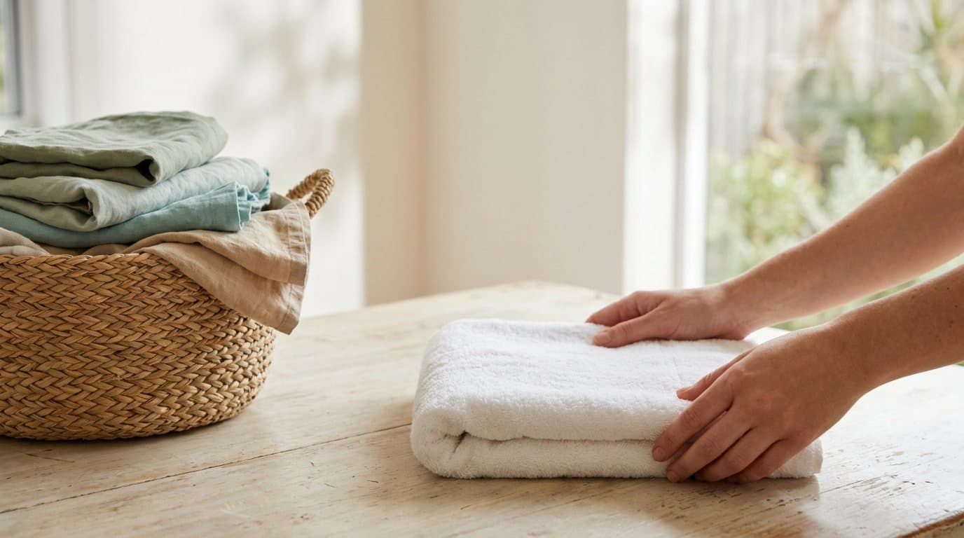 Hands folding a soft white towel on a bright table beside a basket of clean laundry