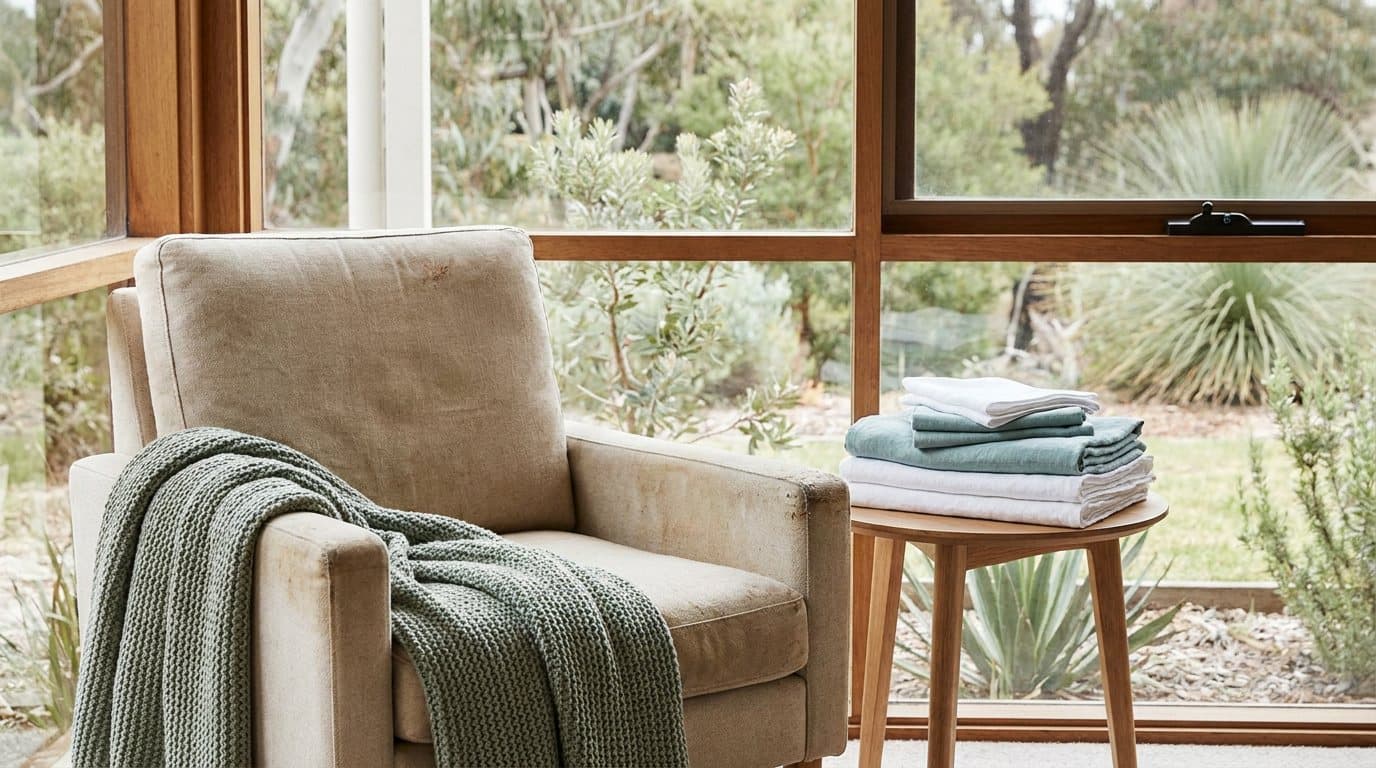 An armchair by a sunny window with a folded blanket over the arm and fresh linen on a side table