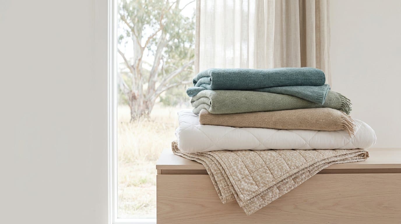 Folded wool blankets, a mattress topper and a quilted throw stacked on a pale timber chest