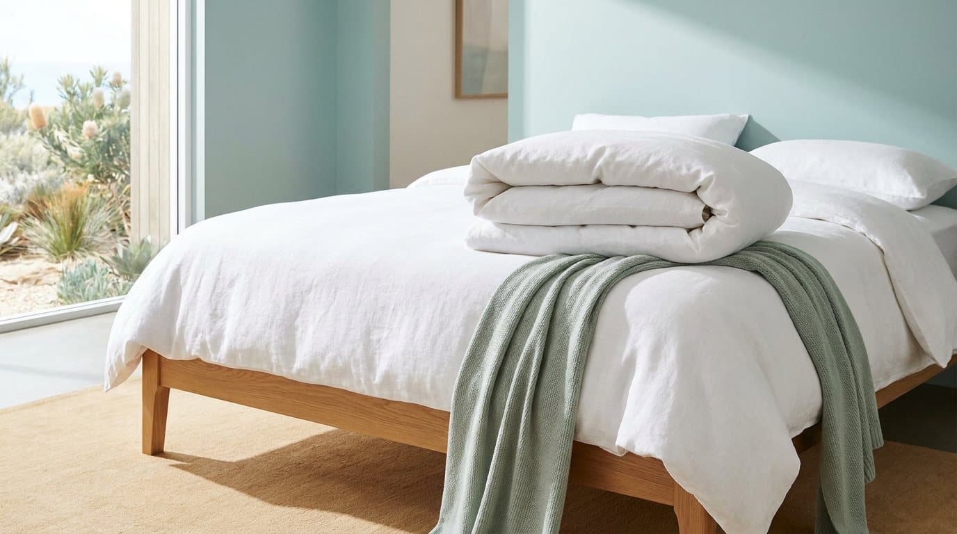 A plump white doona and two pillows freshly cleaned at the end of a neatly made bed with a sage throw
