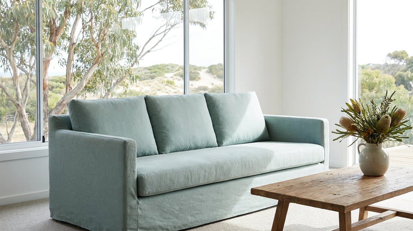 A neatly fitted pale linen cover on a three-seat sofa in a bright living room