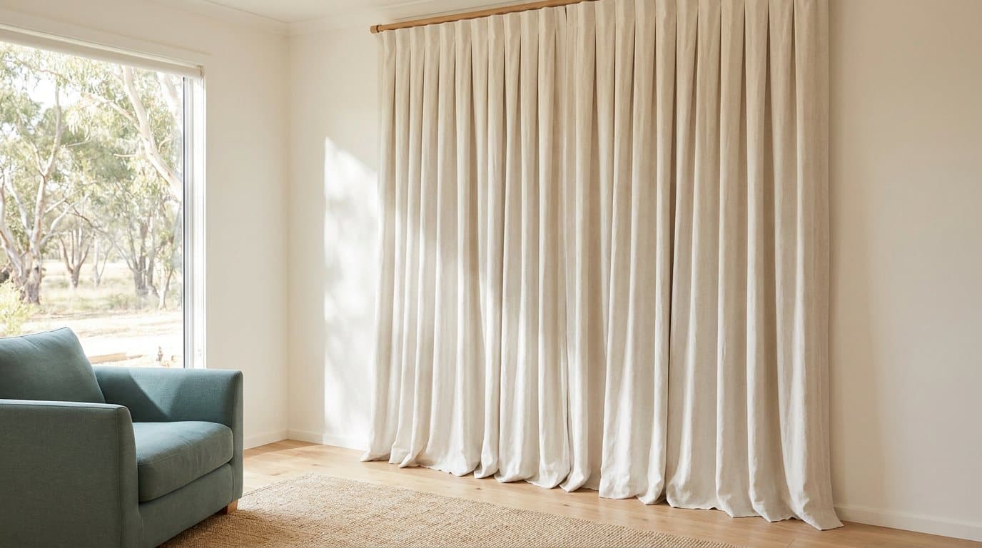Full-length pale linen curtains freshly cleaned and hanging in a sunlit living room