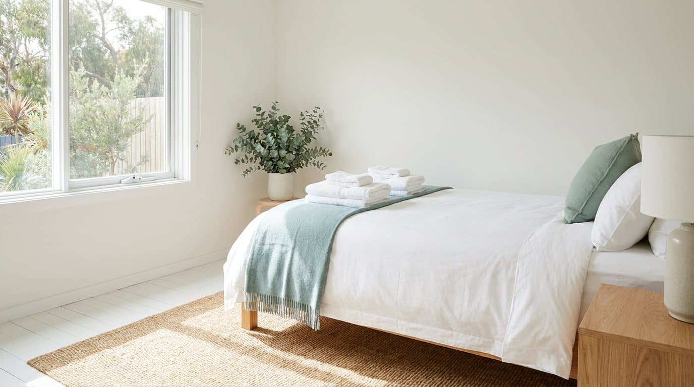 A boutique hotel bedroom made up with crisp white linen, folded towels and a pale teal throw