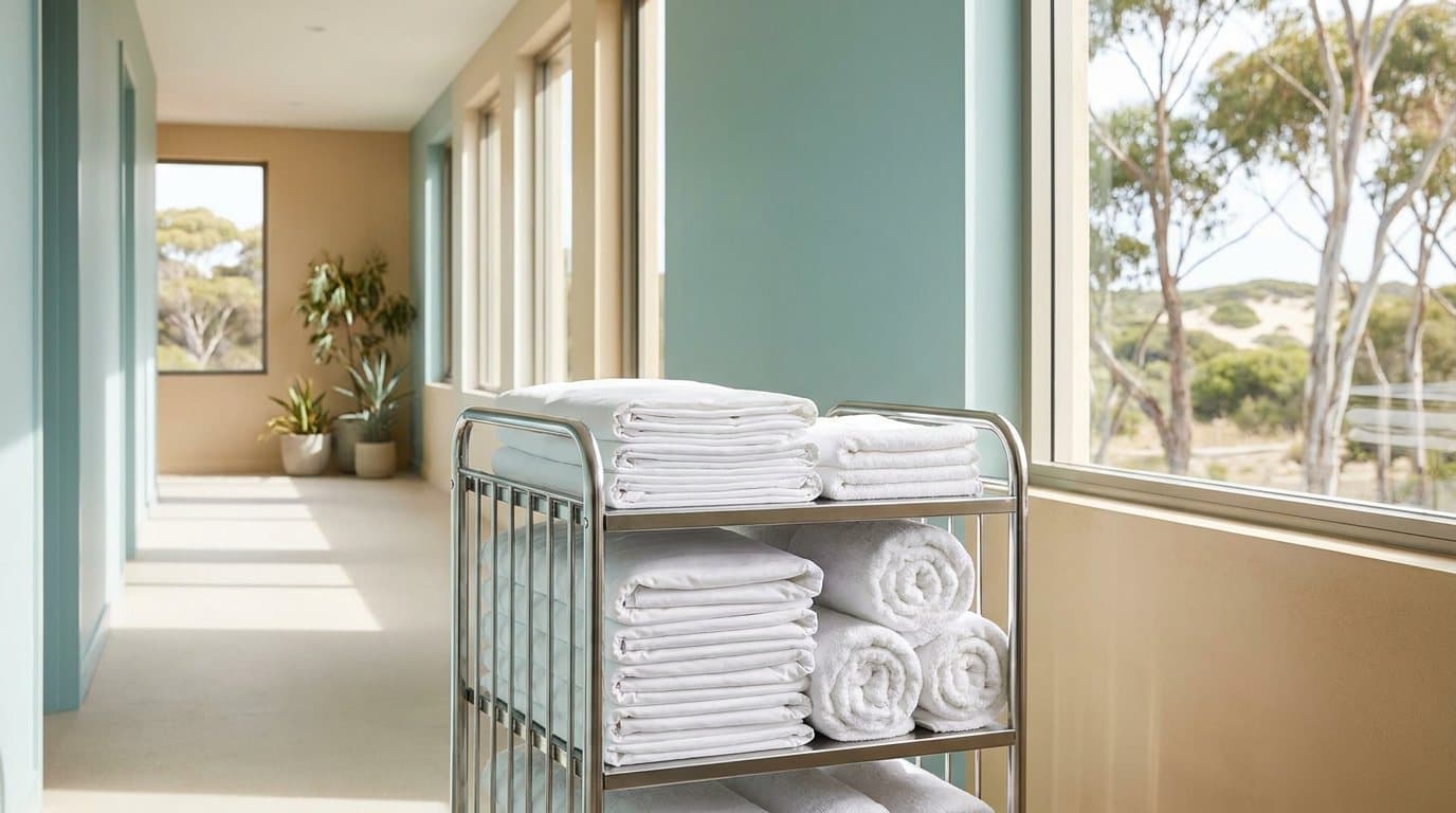 A hotel linen trolley stacked with folded white sheets and rolled towels in a bright corridor
