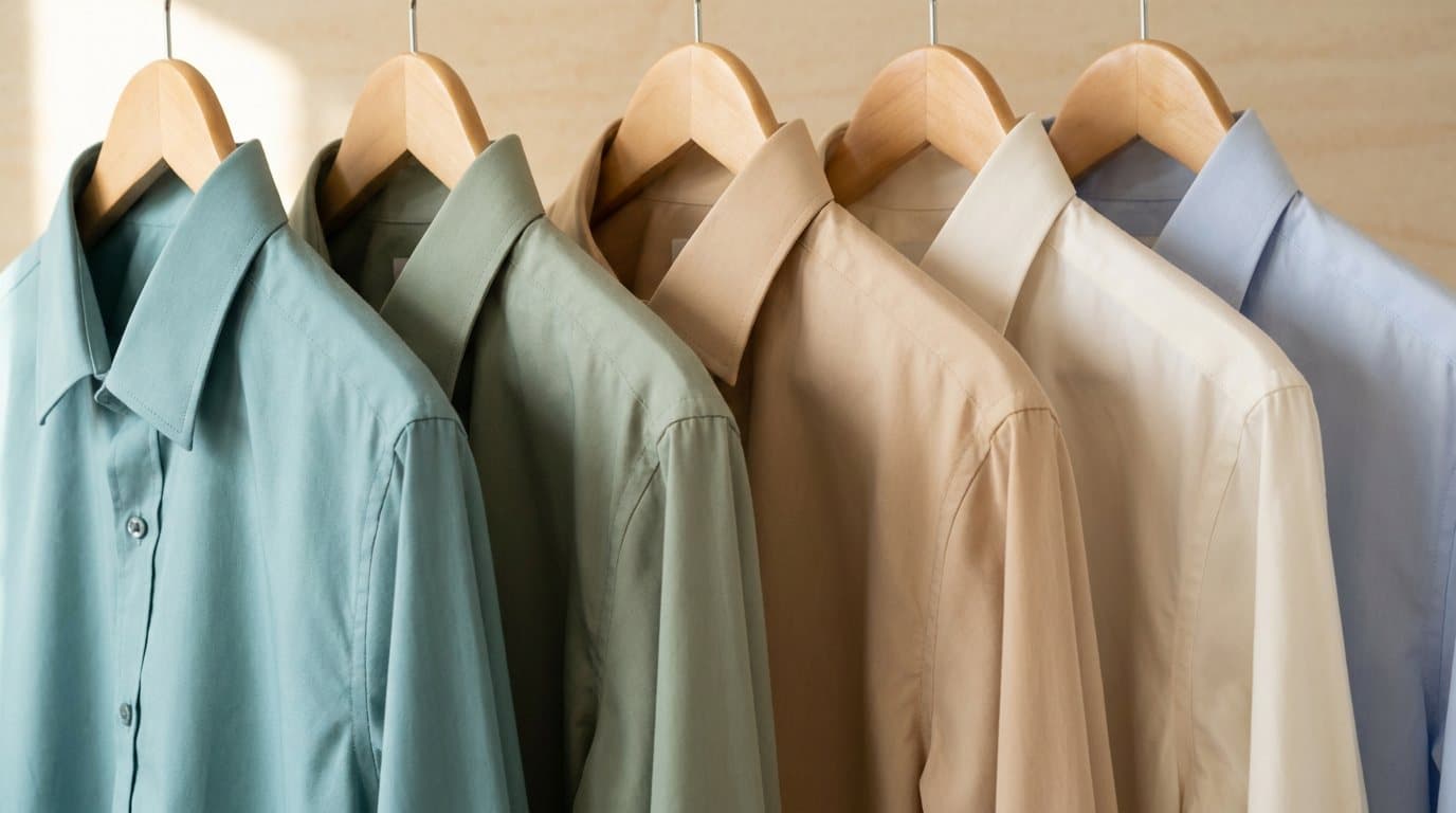 Five crisply pressed business shirts on timber hangers against a pale wall