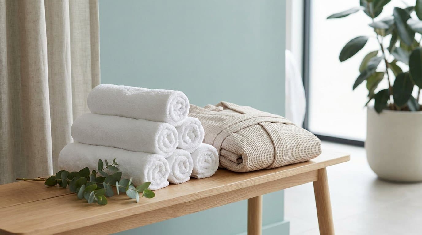 Rolled white spa towels and a folded waffle robe on a timber bench in a calm treatment room