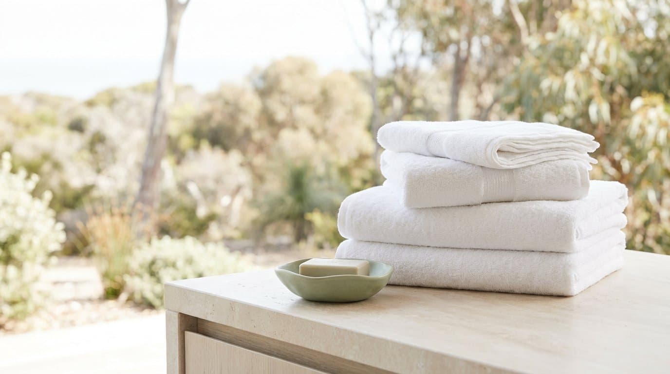 A tall stack of freshly laundered white salon towels on a pale stone counter