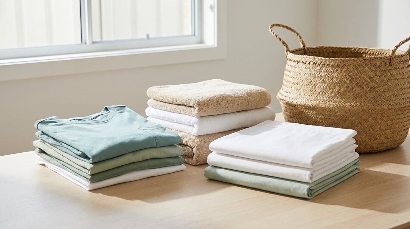 Three stacks of freshly folded clothing, towels and bed sheets on a pale timber table beside a woven basket