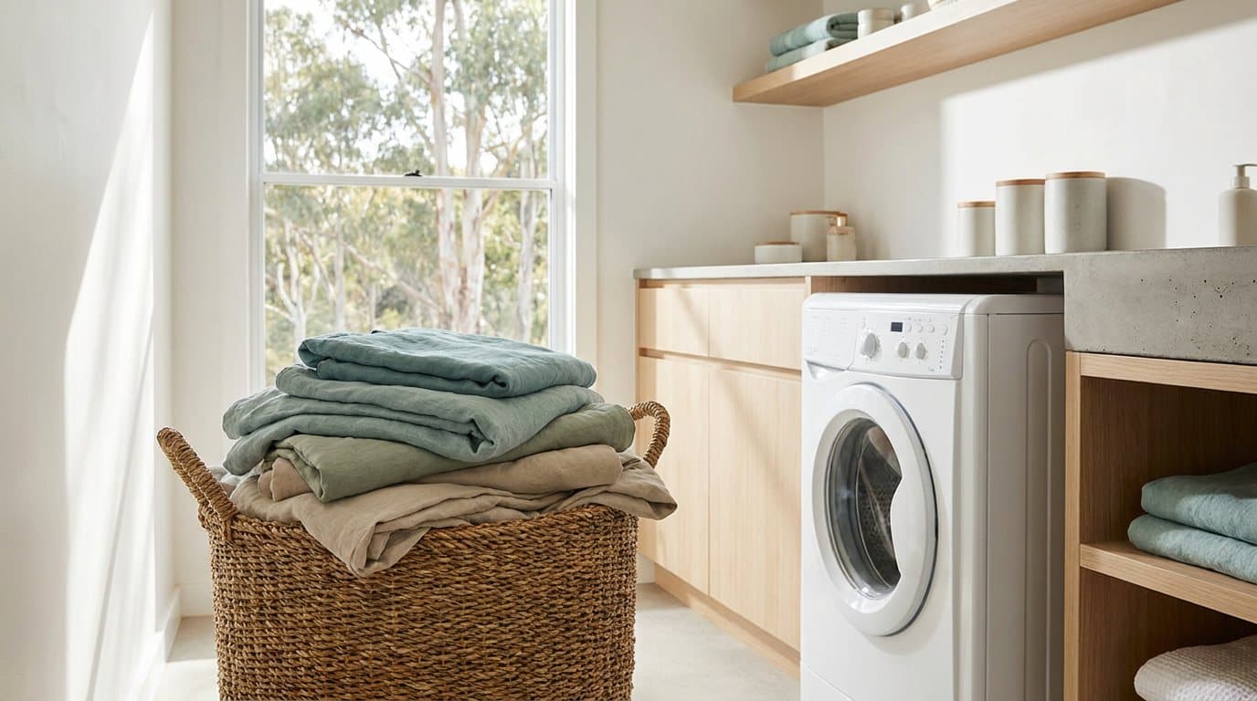 A basket of clean folded clothing beside a front-loading washing machine in a bright laundry room